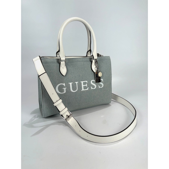 EUC Guess Tote Satchel Purse Light Blue Denim Crossbody Bag Logo Handbag - Picture 12 of 12